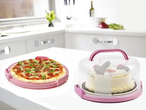Miniatura 8 de Zoofen - Porta pasteles de plástico con asa de 10 pulgadas, soporte para tartas con tapa, contenedor de pastel rosa para tartas redondo de 10