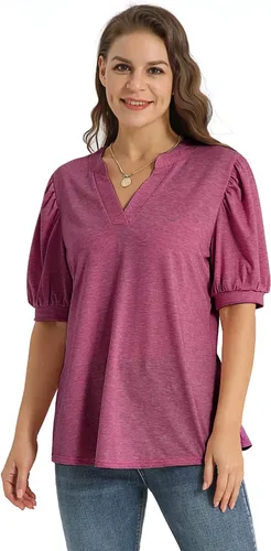 Miniatura 2 de YESNO Camisas de manga corta para mujer, estilo casual, cuello en V, blusas elegantes de manga abombada, TY0