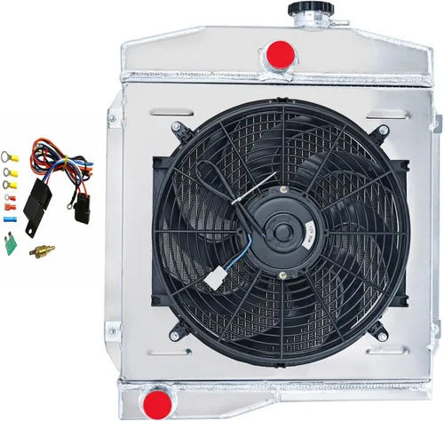 Radiador para Jeep CJ5 CJ6 Willys 2.2L L4 3.7L V6 3.8L 4.2L L6 Gas 1955-1971, Radiador de aluminio completo de 3 filas + cubierta / ventilador + kit