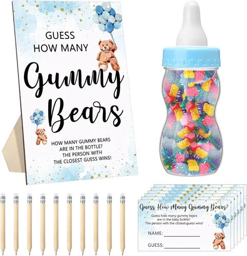 Qilery 122 Piezas Juegos de Baby Shower Adivina Cuántos Osos 100 Tarjetas de Adivinanzas 20 Lápices 1 Botella 1 Cartel de Madera en Pie para Juegos