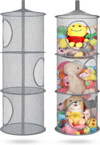 Miniatura 9 de Almacenamiento Colgante para Juguetes de Peluche, Organizador de Almacenamiento de Peluches Plegable para Rincón con 4 Compartimentos, Organizador