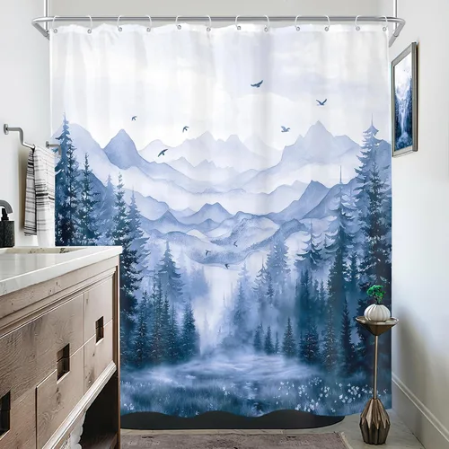 Miniatura 3 de KOMLLEX Cortina de ducha de montaña azul para decoración de baño, 72 pulgadas de ancho x 72 pulgadas de alto, rústico, acuarela, bosque, pino