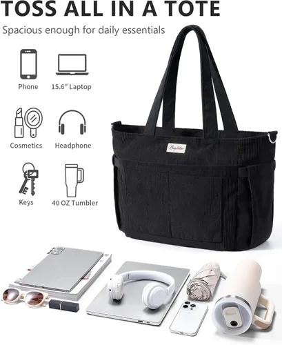 Miniatura 5 de Bolsa tote de pana para mujeres, 17 bolsillos para laptop de trabajo, ligera, para maestras, enfermeras, bolsa de hombro bíblica para escuela