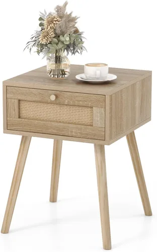 Giantex Mesita de noche de ratán bohemio, mesitas de noche de madera de mediados de siglo con cajón de tejido de ratán, mesita de noche con patas de