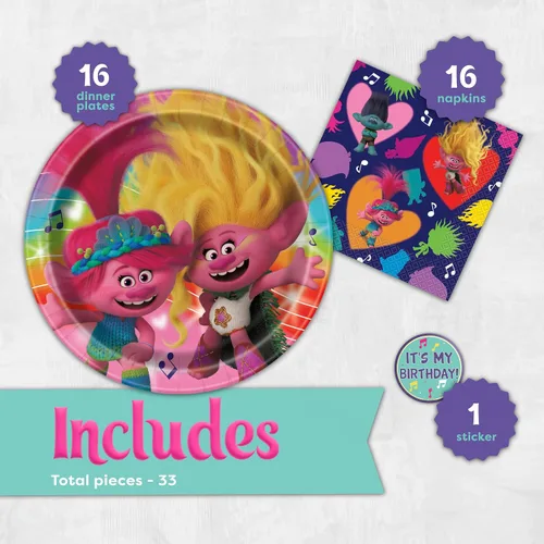 Miniatura 2 de Trolls - Decoraciones para fiestas de cumpleaños Sirve a 16 invitados Platos de trolls, servilletas, calcomanías