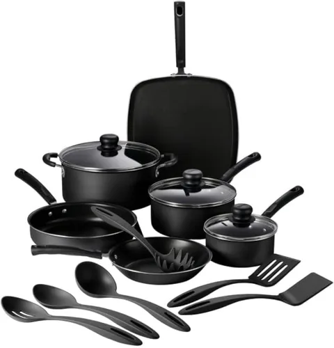Tramontina Primaware - Juego de utensilios de cocina antiadherentes de 15 piezas con tapas y utensilios, ollas y sartenes antiadherentes de aluminio