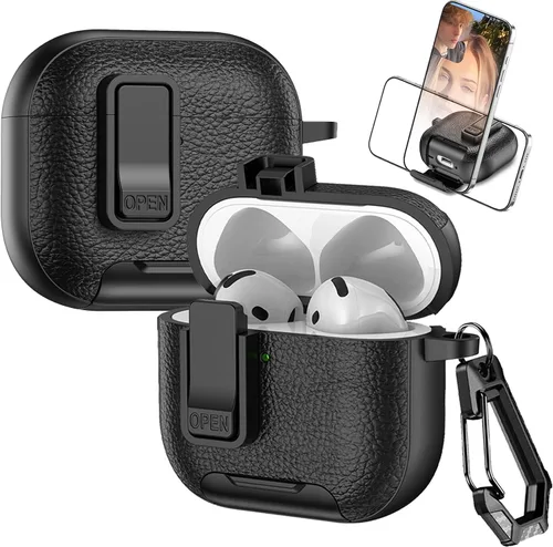 Miniatura 10 de Funda de cuero con clip de bloqueo para AirPods Pro 2ª/1ª con mosquetón, soporte de carga inalámbrica con soporte, cubierta de protección resistente
