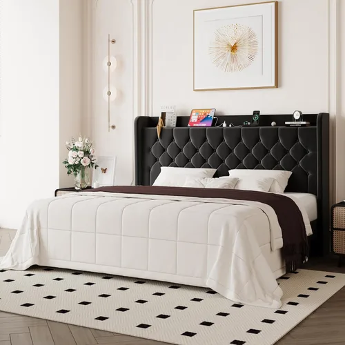 Miniatura 3 de Allewie - Base de cama tamaño King, cabecero con almacenamiento y estación de carga, tapizado en terciopelo, botones cosidos en forma de diamante