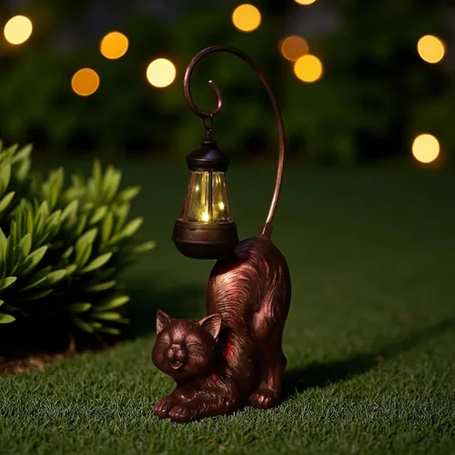 Miniatura 5 de Figura de gato riendo con luz LED alimentada por energía solar, 15.7 pulgadas de alto en bronce antiguo, perfecta para regalo, decoración de jardín