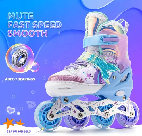 Miniatura 4 de NEMONE Patines en línea estilo sirena, patines ajustables en 4 tallas para niñas y niños con ruedas iluminadas, para principiantes, uso en A- Sirena