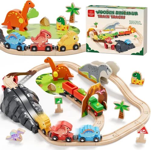 Miniatura 9 de Lehoo Castle Juego de tren de madera - Juego de tren de dinosaurio para niños pequeños de 2 a 4 años, pista de tren de madera, juguetes para niños