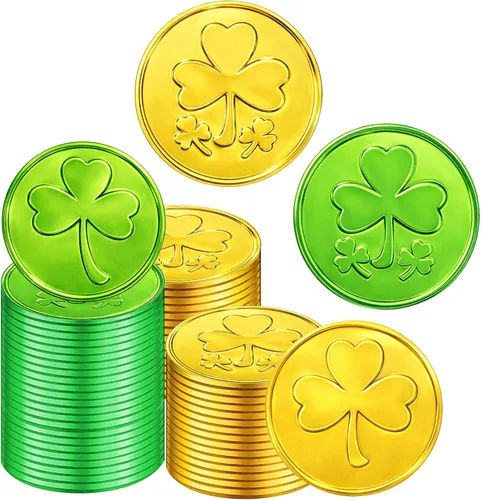 100 monedas del día de San Patricio, monedas de trébol verde dorado de la suerte, recuerdos de fiesta para decoraciones del día de San Patricio,