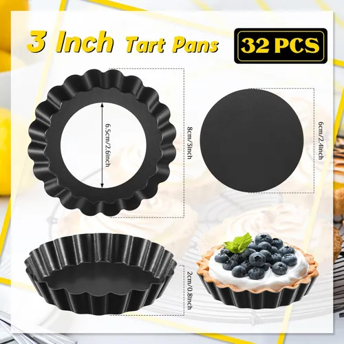 Miniatura 2 de Uiifan 32 mini moldes para tartas, moldes antiadherentes de 3 pulgadas con parte inferior extraíble, sartén redonda acanalada para quiche para Gris