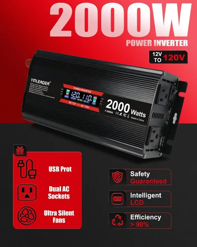Miniatura 2 de Inversor de 2000 vatios de 12 V a 110 V/120 V, inversor de CC a CA de 2000 W con pantalla LCD inteligente, salidas de CA duales, puerto de carga USB