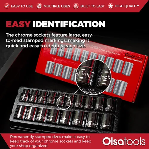 Miniatura 3 de Olsa Tools Juego de llaves métricas poco profundas – 1/2 pulgada, 18 piezas – 6 puntas cromadas de 0.394 in a 1.063 in y tamaños sin saltos – Juego