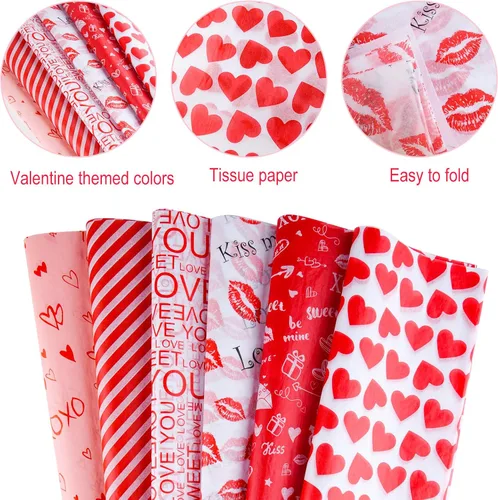 Miniatura 5 de CHRORINE 60 hojas de papel de seda de San Valentín, 6 diseños, papel de regalo para el día de San Valentín, decoración de manualidades de fiesta