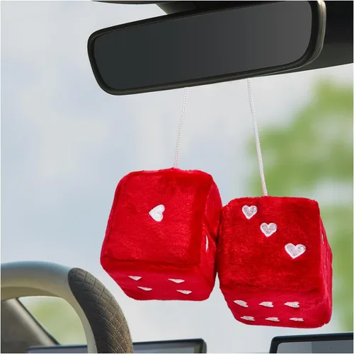 Miniatura 8 de 1 par de dados de felpa mullidos para espejo de automóvil, dados cuadrados retro de 3 pulgadas con forma de corazón, adorno colgante de dados retro