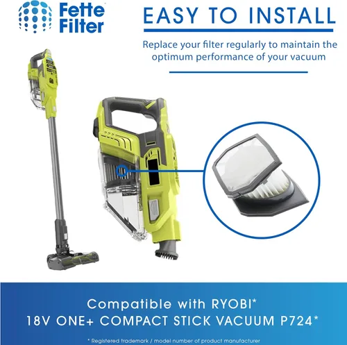Miniatura 5 de Fette Filter - Juego de filtros de vacío Hepa prémium compatibles con RYOBI 18V ONE+ Aspiradora compacta inalámbrica sin escobillas modelo P724