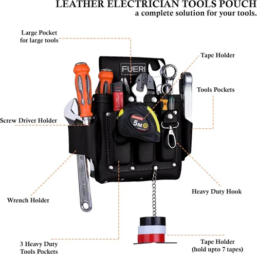 Miniatura 5 de FUERI Bolsos de Herramientas de Cuero para Carpintero y Electricista, Cinturón Organizador de 4 Bolsillos Profesional de Alta Resistencia para Negro