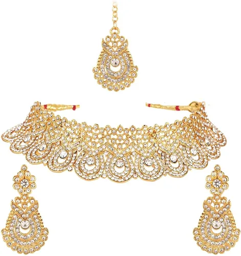 Efulgenz Crystal Indian Jewelry Set Rhinestone Crystal Choker Necklace Earrings Maang Tikka Set Wedding Bollywood Bridal Jewelry Set for Women