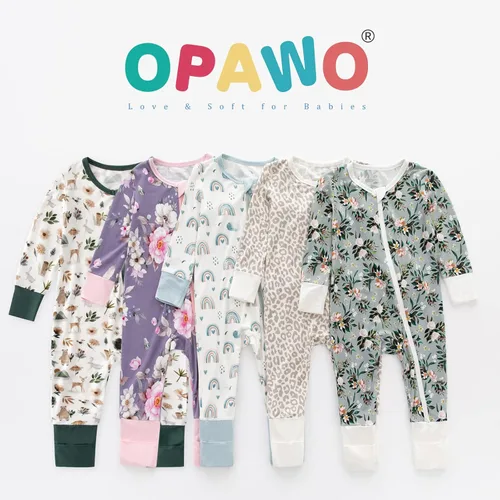 Miniatura 6 de OPAWO Pijama de viscosa de bambú para niña, paquete de 2 mitones, cierre de 2 vías, suave sin pies, mameluco de una pieza