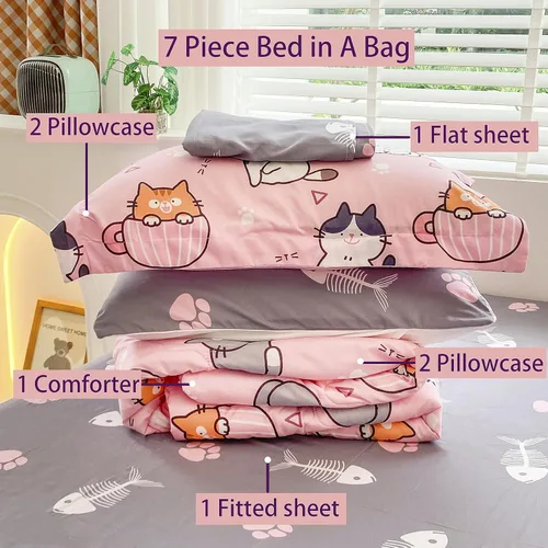 Miniatura 2 de Juego de edredón de 7 piezas con diseño de gatos para niñas, tamaño completo, ropa de cama en una bolsa, diseño rosa de dibujos animados de gatos