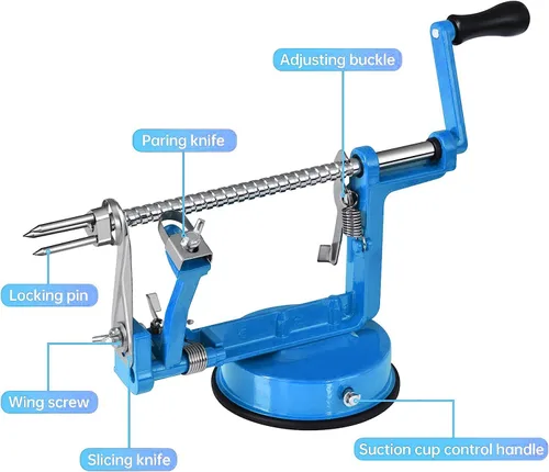 Miniatura 3 de Pelador de manzanas, cortador de patatas 3 en 1, acero inoxidable resistente con base de ventosa (azul)