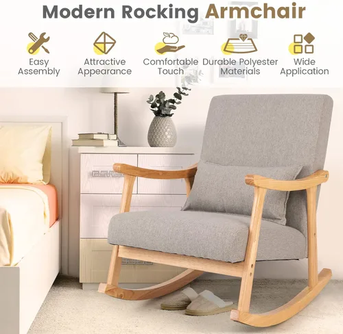 Miniatura 8 de Giantex Mecedora tapizada – Moderna mecedora con marco de madera de goma, cómodo respaldo y asiento, almohada acolchada de polipropileno, mecedora