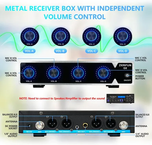 Miniatura 3 de Sistema de Micrófono Inalámbrico Recargable ZERFUN Pro de 4 Canales, Micrófonos Inalámbricos de Mano UHF de Metal con Control de Volumen, 4x50