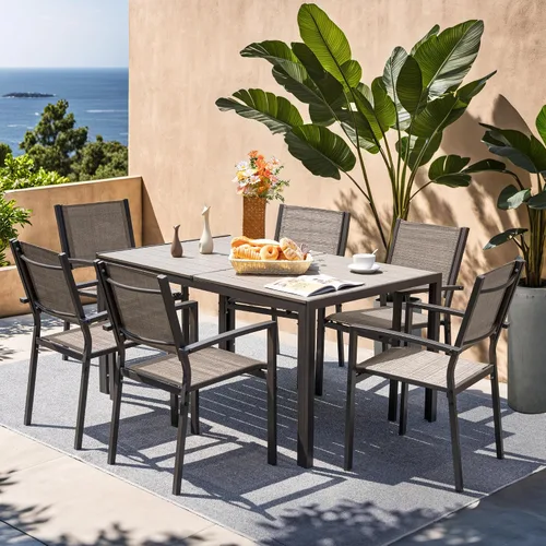 Miniatura 5 de Rankok Juego de 6 sillas de comedor apilables para exteriores con reposabrazos de 290 libras, sillas de comedor de textileno para patio trasero