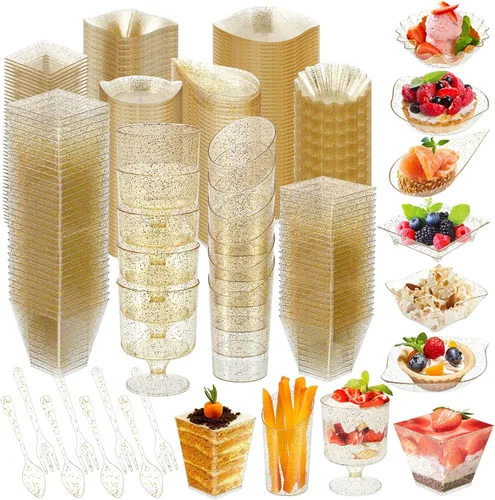 Miniatura 8 de Tessco for you Juego de 1600 mini platos de aperitivo, tazas de postre, tazas de plástico para parfait de formas variadas con cucharas desechables