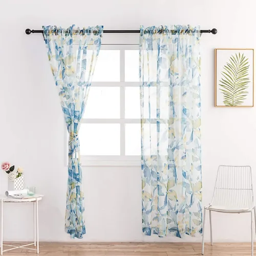 Miniatura 7 de VISIONTEX Cortinas transparentes con estampado de gasa, estilo abstracto europeo, estampado de hojas azules y amarillas, 2 paneles para decoración
