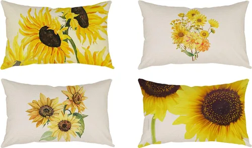 Miniatura 15 de Juego de 4 fundas de almohada decorativas de girasol de 12 x 12 pulgadas, fundas de almohada cuadradas de lino, fundas de almohada cuadradas de lino