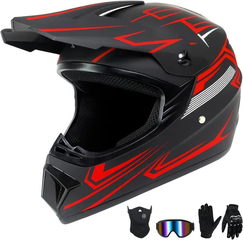 Miniatura 10 de Casco de motocross para niños jóvenes, casco de motocicleta todoterreno con (gafas, guantes, máscara), juego de 4 piezas, casco de cara completa