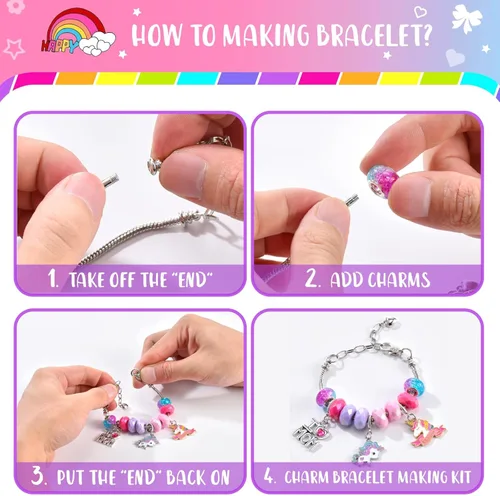 Miniatura 8 de BDBKYWY Kit de fabricación de pulseras con dijes para niñas, suministros de joyería de unicornio para niños, juego de manualidades de bricolaje