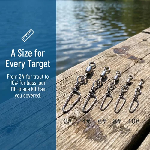 Miniatura 7 de 110 piezas de acero inoxidable barril giratorio accesorios de pesca, equipo de pesca premium con rodamiento de bolas, conector giratorio de broches