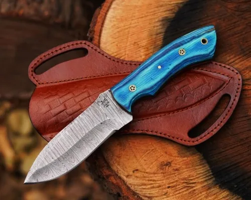 Miniatura 13 de Cuchillo de caza de acero de Damasco de hoja fija con funda de piel, cuchillo de caza de 9 pulgadas con mango entero para despellejar, mango