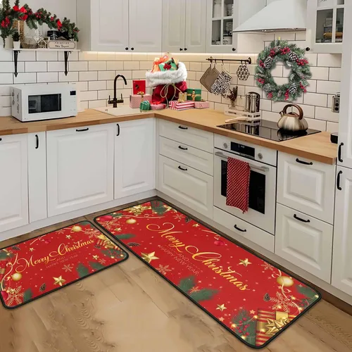 Miniatura 7 de Juego de 2 alfombras y tapetes de cocina navideños, decoraciones navideñas para el hogar con respaldo antideslizante, alfombra de cocina