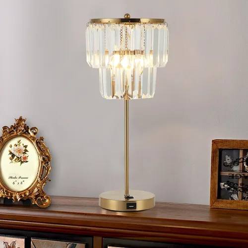 Miniatura 5 de Lámpara de noche para dormitorio, lámpara de mesa de cristal dorado de 18 pulgadas, gotas de cristal transparente Tiffany, puerto de carga USB