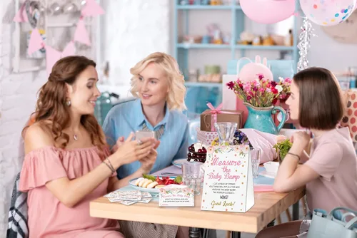 Miniatura 3 de OUDIEA Juegos de fiesta de baby shower, juego floral para medir el vientre de mamá 1 letrero y 50 tarjetas de adivinanza, mide el vientre del bebé