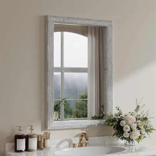 Miniatura 15 de ULIKE Espejo rectangular de madera con marco de cuentas de madera natural, 24 x 36 pulgadas, espejo de pared rústico de granja para baño, guardería