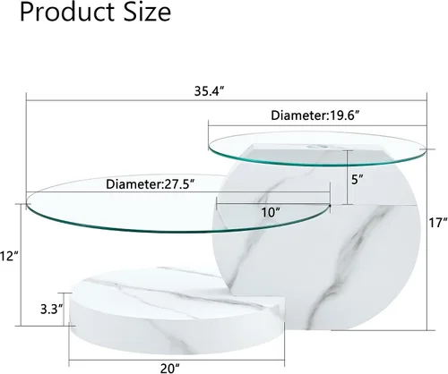 Miniatura 2 de Mesa de café de 35.4" de vidrio, mesa de café redonda, mesa con superficie de vidrio templado de 2 niveles con base de mármol falso blanco, mesa