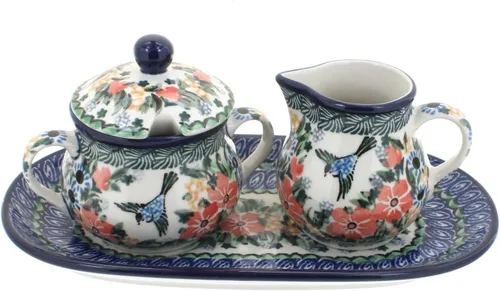 Miniatura 7 de Blue Rose Polish Pottery Bluebird - Juego de crema y azúcar con bandeja