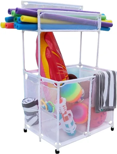 Miniatura 8 de Soporte para Fideos de Piscina, Juguetes, Flotadores, Pelotas, Contenedor Organizador de Almacenamiento de Malla Rodante de Doble Nivel, Grande