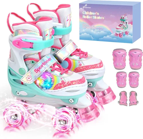 Sportneer - Patines de ruedas para niños con juego de protección, patines ajustables para niñas en 4 tallas con 8 ruedas LED brillantes, patines