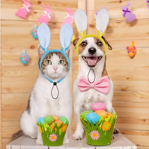 Miniatura 5 de Whaline Paquete de 3 diademas de conejo de Pascua para perro, conejo, orejas de caramelo, banda ajustable para el pelo para mascotas, accesorios