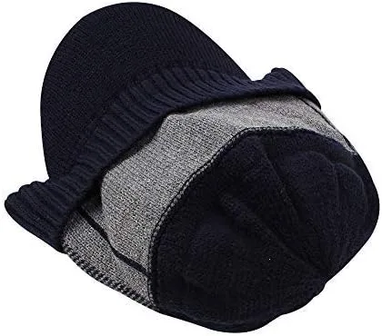 Miniatura 2 de XIAOHAWANG Gorro de invierno para hombre con visera de cable de punto con forro polar de retazos a rayas con ala para deportes al aire libre