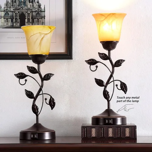 Miniatura 3 de Lámpara de mesa con control táctil con 2 puertos de carga USB, lámparas de mesita de noche regulables de 3 vías, pantalla de vidrio ámbar, lámpara