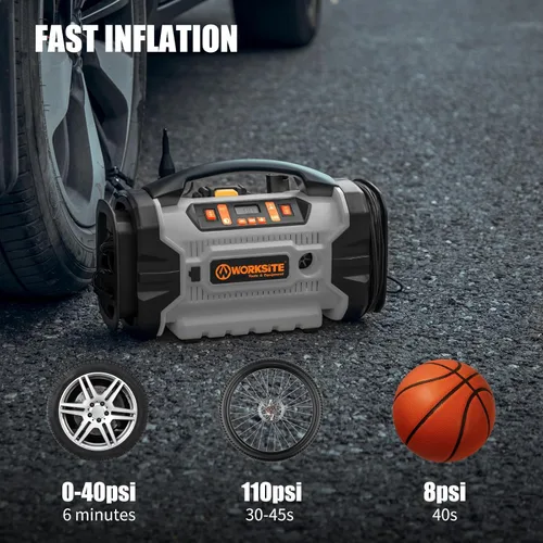 Miniatura 7 de Inflador de neumáticos y compresor de aire portátil WORKSITE de 160 PSI [libras por pulgada cuadrada], bomba de aire para auto con fuente de Gris