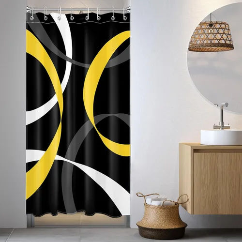 Miniatura 38 de LB Cortina de ducha abstracta rosa para baño, cortina de ducha de tela a rayas grises y blancas sobre fondo negro con ganchos, juego de cortinas